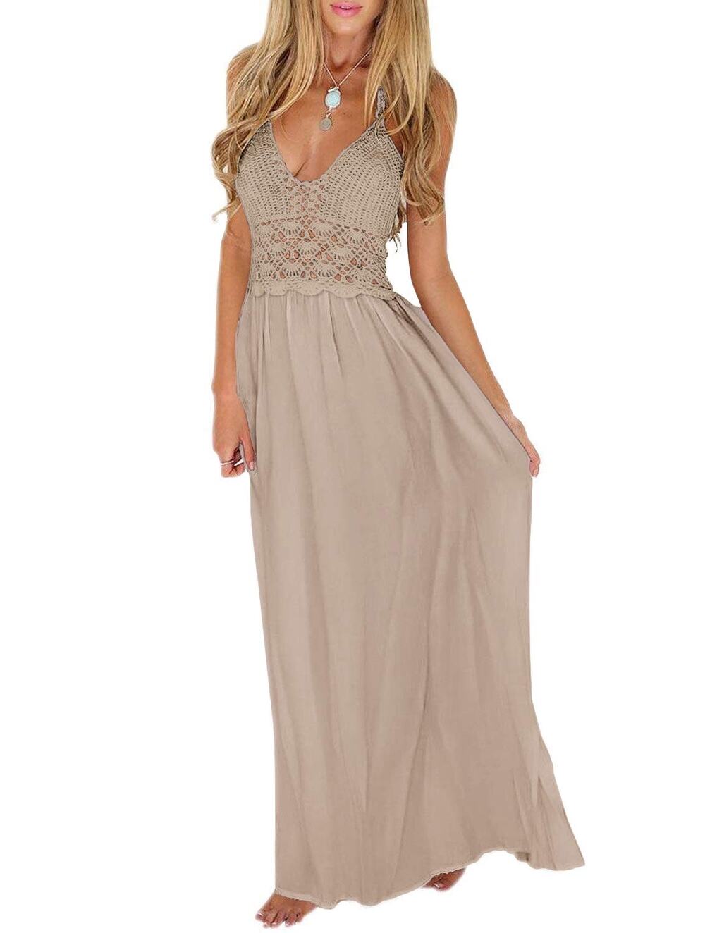 Lil better Crochet boho ruched maxi halter dress sz Sm beige festival fairy